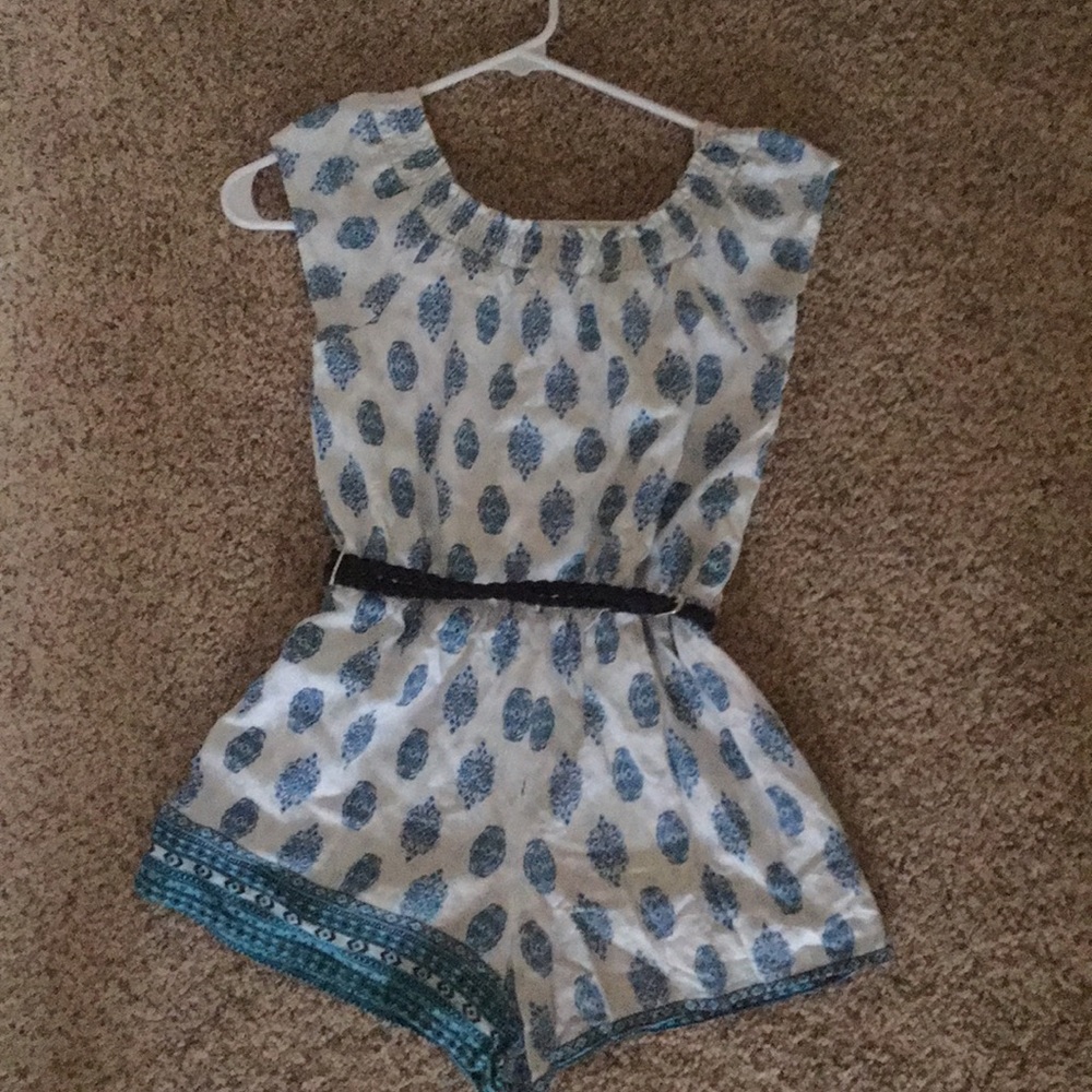 justice xs blue and white romper with belt